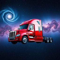 A shiny red Freightliner Cascadia semi truck floating gracefully in the vastness of space, surrounded by a breathtaking cosmic scenery