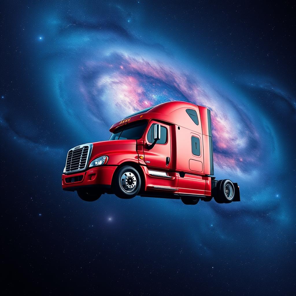 A shiny red Freightliner Cascadia semi truck floating gracefully in the vastness of space, surrounded by a breathtaking cosmic scenery