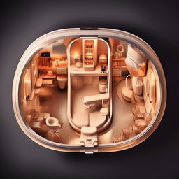 A top-view schematic of a vanity container for a celebrity, enchanted by curved architecture and encompassing a bathroom, sitting area, kitchenette, and makeup section for an ultimate luxury experience.