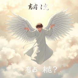 A teenager in a flowing, ethereal heavenly robe, gracefully descending to the ground with magnificent angelic wings spread wide