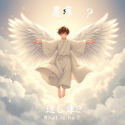 A teenager in a flowing, ethereal heavenly robe, gracefully descending to the ground with magnificent angelic wings spread wide