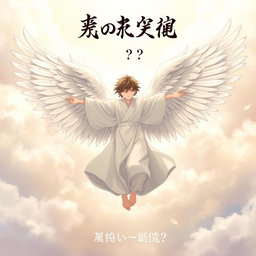 A teenager in a flowing, ethereal heavenly robe, gracefully descending to the ground with magnificent angelic wings spread wide
