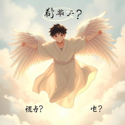A teenager in a flowing, ethereal heavenly robe, gracefully descending to the ground with magnificent angelic wings spread wide
