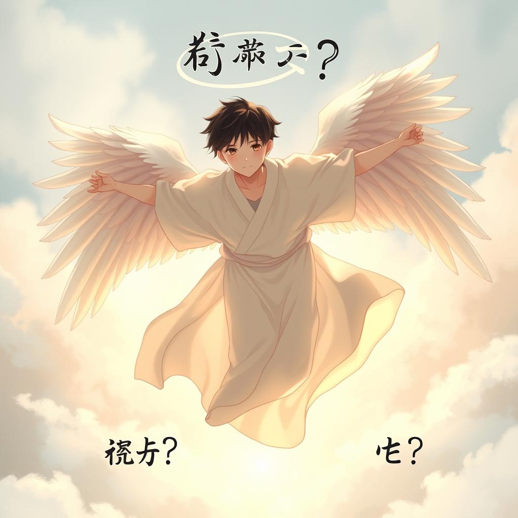 A teenager in a flowing, ethereal heavenly robe, gracefully descending to the ground with magnificent angelic wings spread wide
