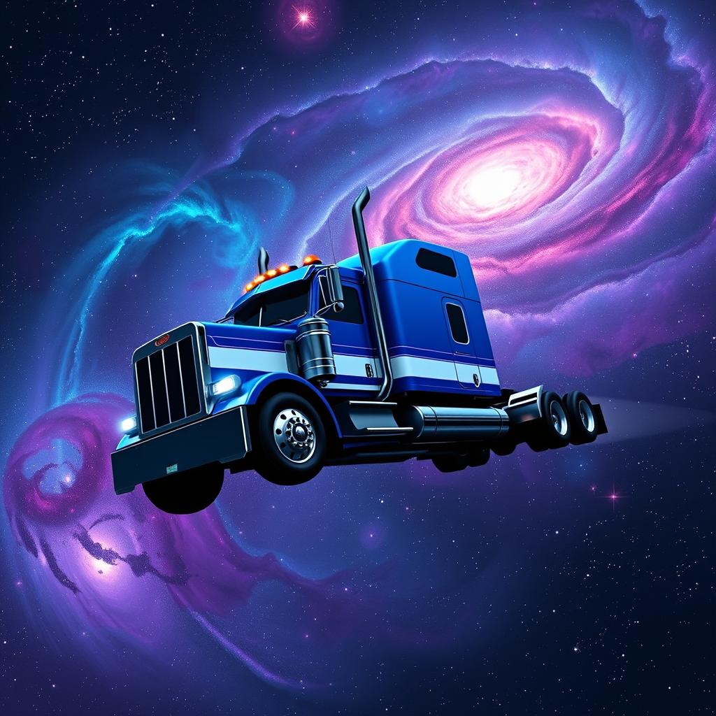 A vibrant blue and white Peterbilt semi truck floating elegantly in the depths of space, surrounded by an enchanting cosmic scenery