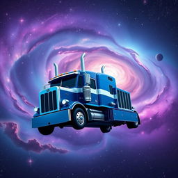 A vibrant blue and white Peterbilt semi truck floating elegantly in the depths of space, surrounded by an enchanting cosmic scenery