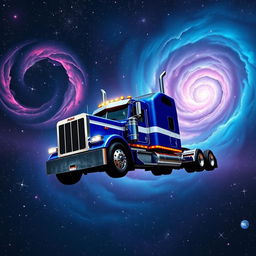 A vibrant blue and white Peterbilt semi truck floating elegantly in the depths of space, surrounded by an enchanting cosmic scenery