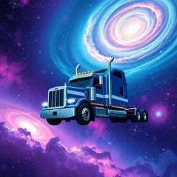 A vibrant blue and white Peterbilt semi truck floating elegantly in the depths of space, surrounded by an enchanting cosmic scenery