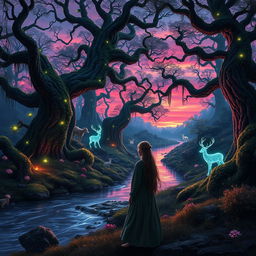 A mesmerizing fantasy landscape featuring a mythical forest at twilight, with glowing bioluminescent plants and ethereal wisps floating around