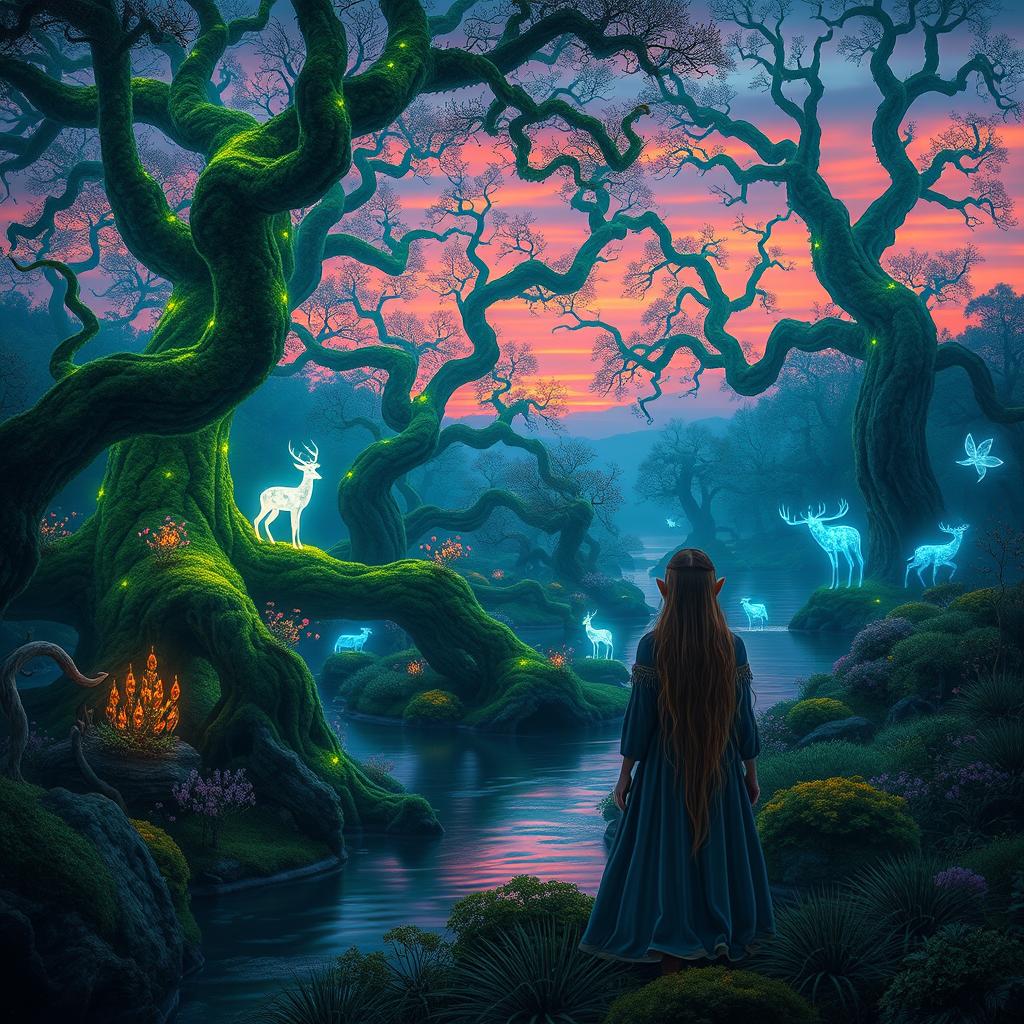 A mesmerizing fantasy landscape featuring a mythical forest at twilight, with glowing bioluminescent plants and ethereal wisps floating around