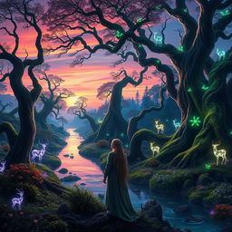 A mesmerizing fantasy landscape featuring a mythical forest at twilight, with glowing bioluminescent plants and ethereal wisps floating around