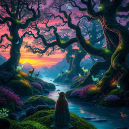 A mesmerizing fantasy landscape featuring a mythical forest at twilight, with glowing bioluminescent plants and ethereal wisps floating around