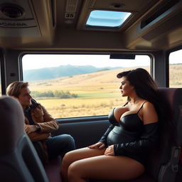 A scene inside a Scania intercity bus featuring a woman with long black hair and very large breasts, sitting next to a young man