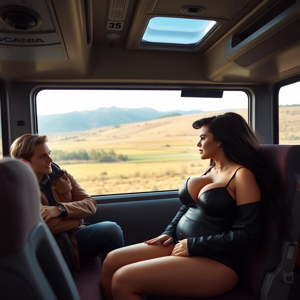 A scene inside a Scania intercity bus featuring a woman with long black hair and very large breasts, sitting next to a young man