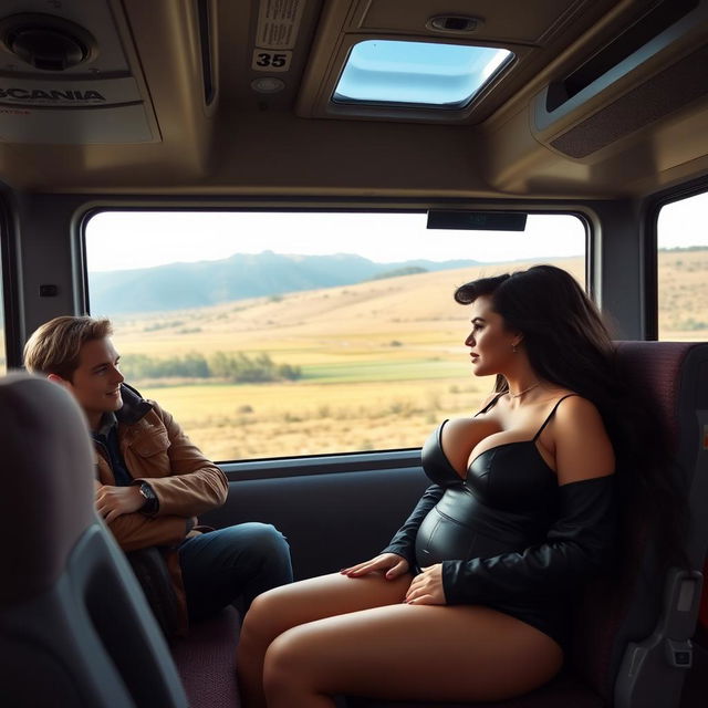 A scene inside a Scania intercity bus featuring a woman with long black hair and very large breasts, sitting next to a young man