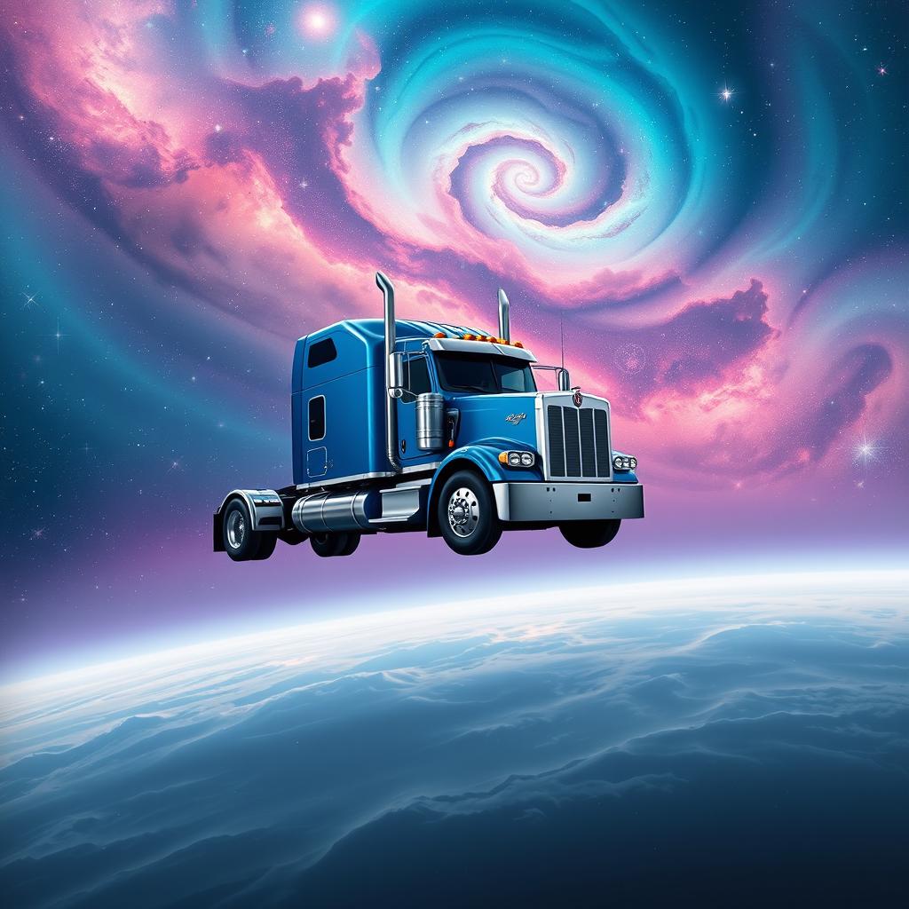 A striking blue Kenworth semi truck majestically suspended in the vast expanse of space, surrounded by a breathtaking celestial landscape