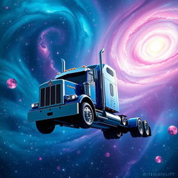 A striking blue Kenworth semi truck majestically suspended in the vast expanse of space, surrounded by a breathtaking celestial landscape