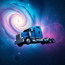 A striking blue Kenworth semi truck majestically suspended in the vast expanse of space, surrounded by a breathtaking celestial landscape