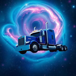 A striking blue Kenworth semi truck majestically suspended in the vast expanse of space, surrounded by a breathtaking celestial landscape