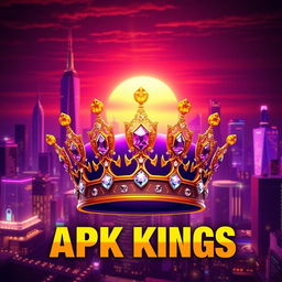 A vibrant and visually striking digital artwork representing the theme of 'APK KINGS', featuring a majestic, royal-themed crown adorned with sparkling jewels, set against a backdrop of a futuristic city skyline at sunset