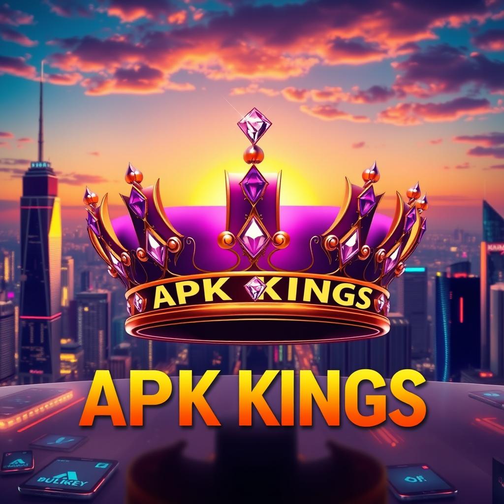 A vibrant and visually striking digital artwork representing the theme of 'APK KINGS', featuring a majestic, royal-themed crown adorned with sparkling jewels, set against a backdrop of a futuristic city skyline at sunset