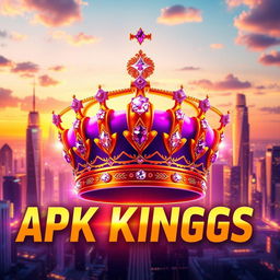 A vibrant and visually striking digital artwork representing the theme of 'APK KINGS', featuring a majestic, royal-themed crown adorned with sparkling jewels, set against a backdrop of a futuristic city skyline at sunset