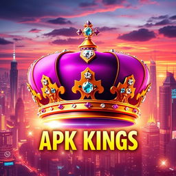 A vibrant and visually striking digital artwork representing the theme of 'APK KINGS', featuring a majestic, royal-themed crown adorned with sparkling jewels, set against a backdrop of a futuristic city skyline at sunset