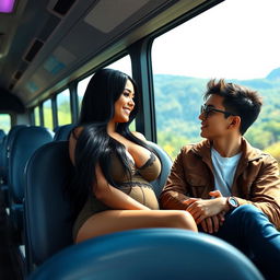 A voluptuous woman with long black hair and prominent curves sitting beside a young man on a scenic intercity Scania bus
