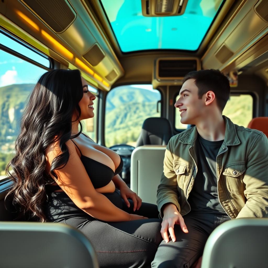 A voluptuous woman with long black hair and prominent curves sitting beside a young man on a scenic intercity Scania bus