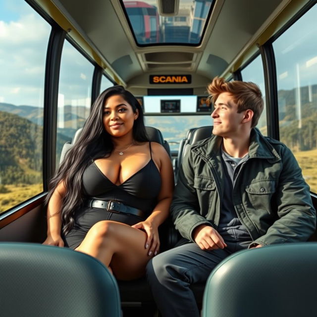 A voluptuous woman with long black hair and prominent curves sitting beside a young man on a scenic intercity Scania bus