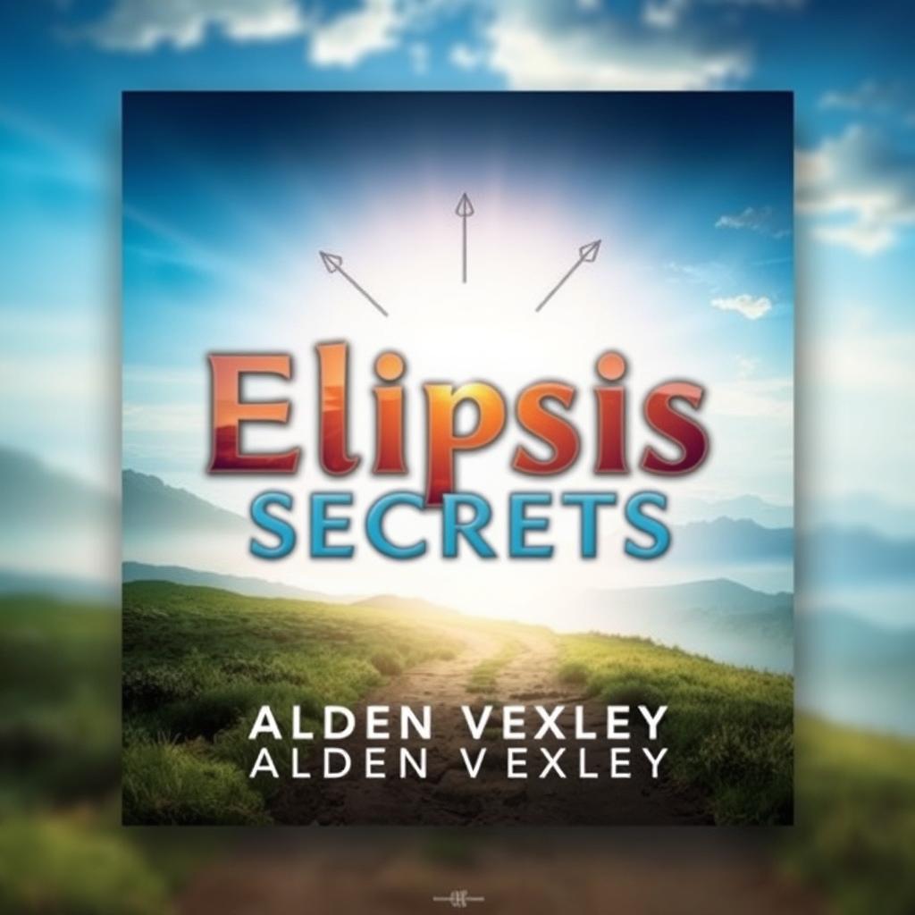A visually striking book cover design titled "Elipsis Secrets" by Alden Vexley, featuring a realistic serene landscape as the background, with a gentle path leading toward a bright horizon that symbolizes transformation