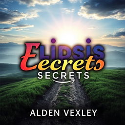 A visually striking book cover design titled "Elipsis Secrets" by Alden Vexley, featuring a realistic serene landscape as the background, with a gentle path leading toward a bright horizon that symbolizes transformation