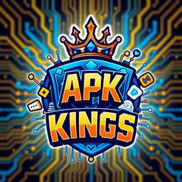 A vibrant and dynamic logo design for 'APK KINGS', featuring a crown to symbolize royalty, intricate digital elements suggesting technology and gaming, with a bold color palette of blues and golds