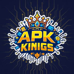 A vibrant and dynamic logo design for 'APK KINGS', featuring a crown to symbolize royalty, intricate digital elements suggesting technology and gaming, with a bold color palette of blues and golds