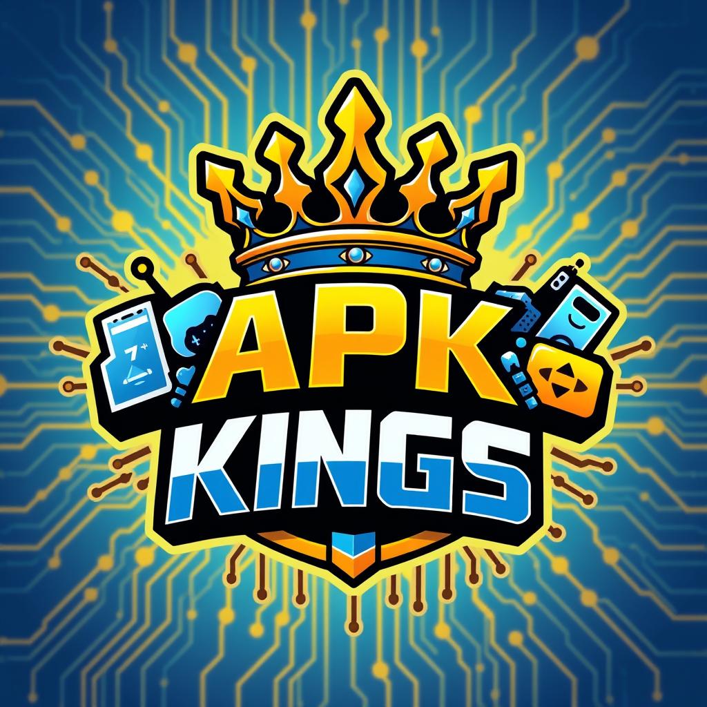 A vibrant and dynamic logo design for 'APK KINGS', featuring a crown to symbolize royalty, intricate digital elements suggesting technology and gaming, with a bold color palette of blues and golds
