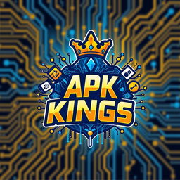 A vibrant and dynamic logo design for 'APK KINGS', featuring a crown to symbolize royalty, intricate digital elements suggesting technology and gaming, with a bold color palette of blues and golds