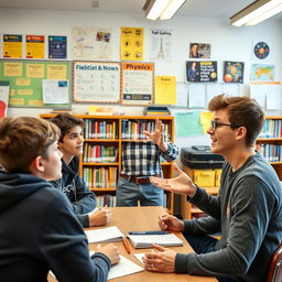 A young male teacher passionately engaging with a group of teenage boys in a vibrant classroom setting