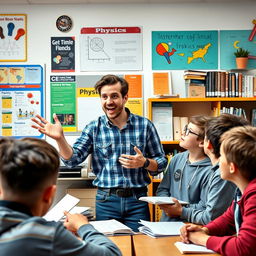 A young male teacher passionately engaging with a group of teenage boys in a vibrant classroom setting