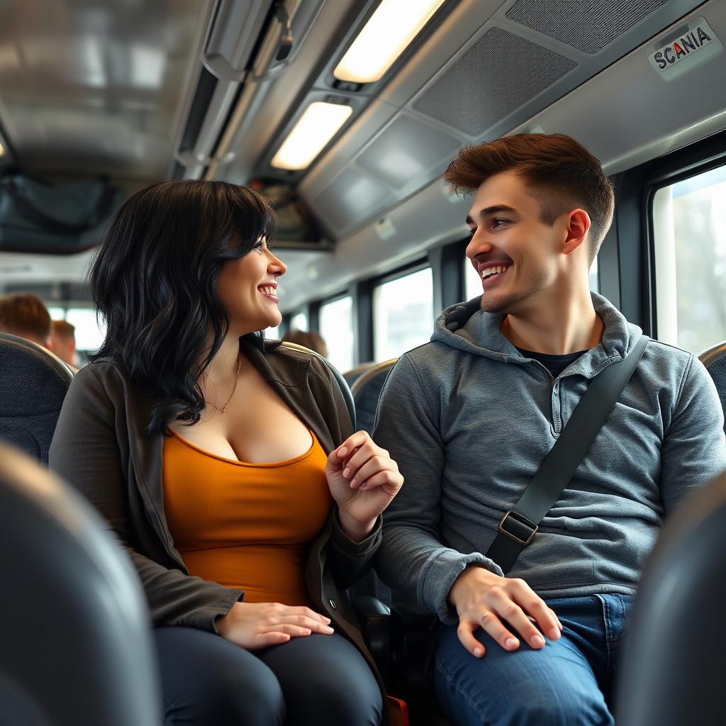 A black-haired woman with large breasts sitting next to a young man, holding hands