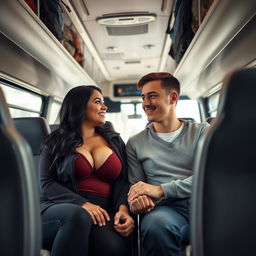 A black-haired woman with large breasts sitting next to a young man, holding hands