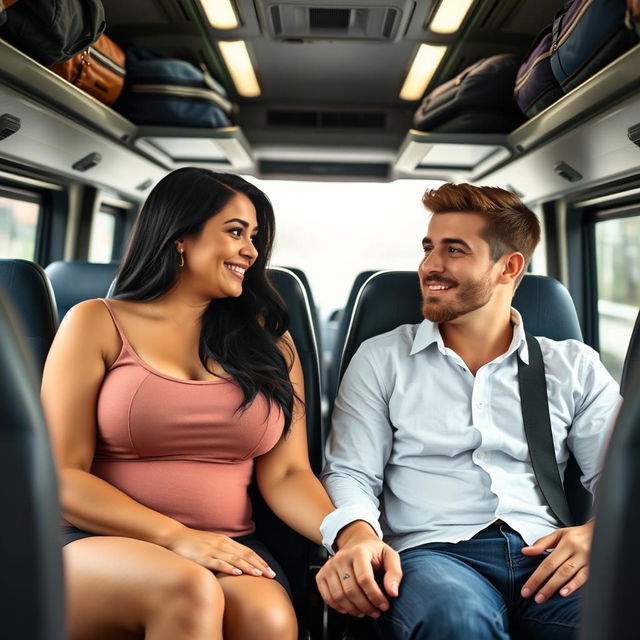 A black-haired woman with large breasts sitting next to a young man, holding hands