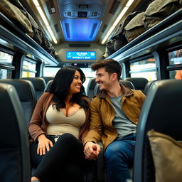 A black-haired woman with large breasts sitting next to a young man, holding hands