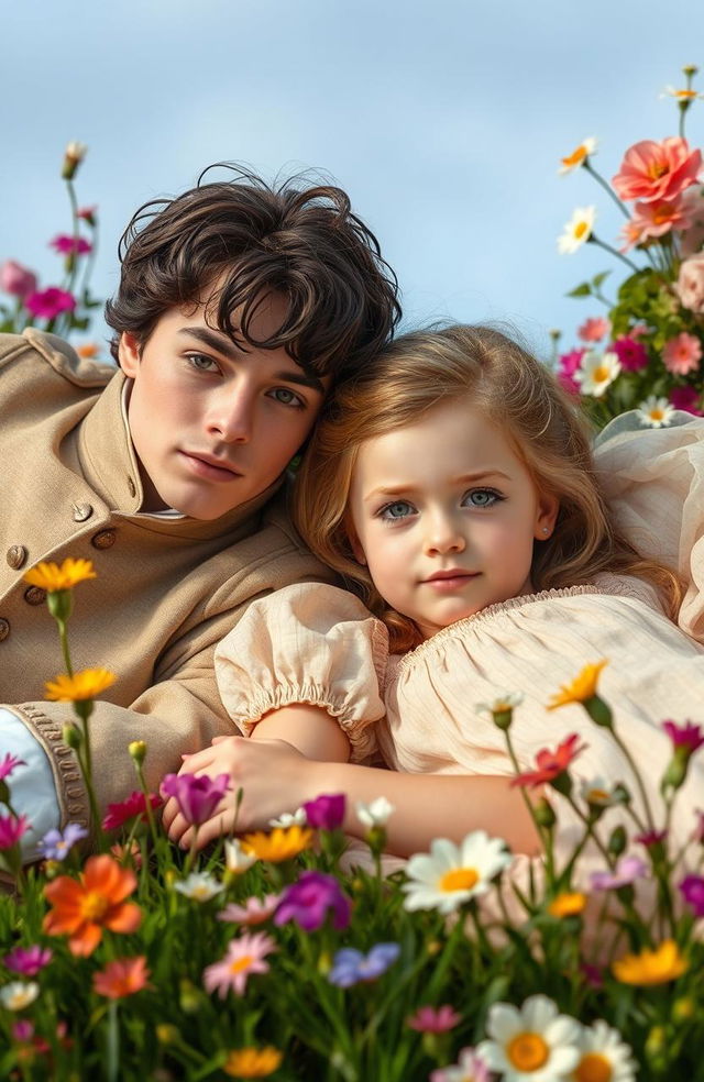 A beautiful blonde girl lying on the grass beside a boy with dark hair and brown eyes