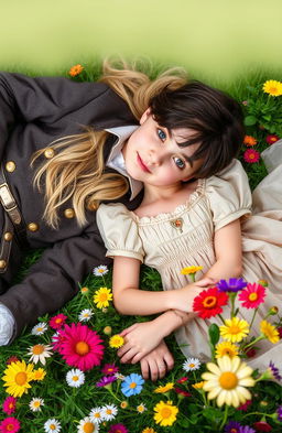 A beautiful blonde girl lying on the grass beside a boy with dark hair and brown eyes
