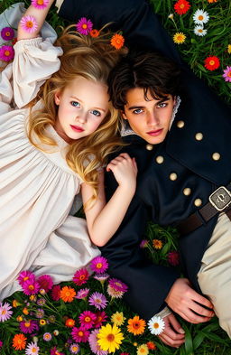 A beautiful blonde girl lying on the grass beside a boy with dark hair and brown eyes