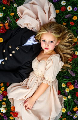 A beautiful blonde girl lying on the grass beside a boy with dark hair and brown eyes
