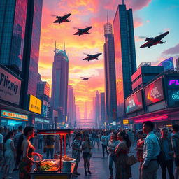 A futuristic cityscape at sunset with towering skyscrapers made of glass and metal, reflecting vibrant hues of orange, pink, and purple in the sky
