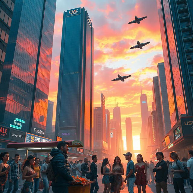 A futuristic cityscape at sunset with towering skyscrapers made of glass and metal, reflecting vibrant hues of orange, pink, and purple in the sky