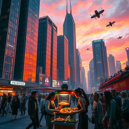A futuristic cityscape at sunset with towering skyscrapers made of glass and metal, reflecting vibrant hues of orange, pink, and purple in the sky