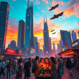 A futuristic cityscape at sunset with towering skyscrapers made of glass and metal, reflecting vibrant hues of orange, pink, and purple in the sky